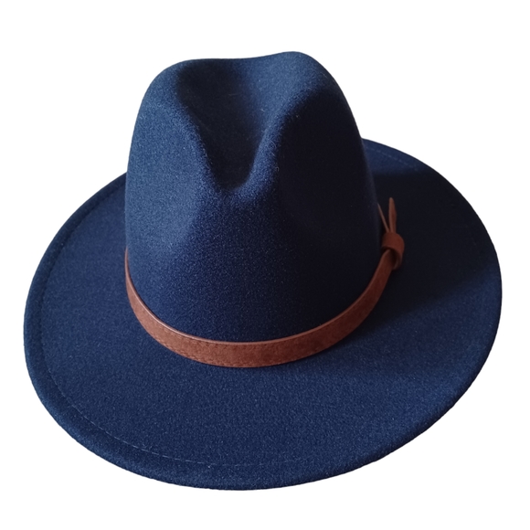 Navy Blue Women's Fedora Brimmed Hat, Brown Strap, Adjustable Size - Picture 3 of 11